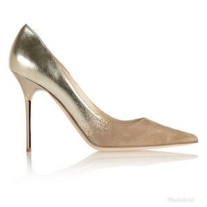 Jimmy Choo Abel Degradé Metallic Gold Tan Beige Suede Pointed Toe Stiletto Pumps